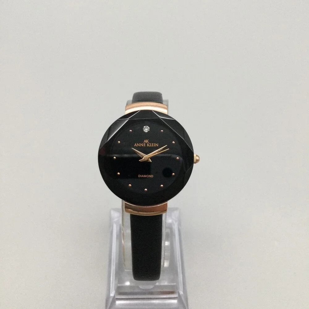 Anne Klein Womens Watch 29mm Black Diamond Dial Black Leather New Battery